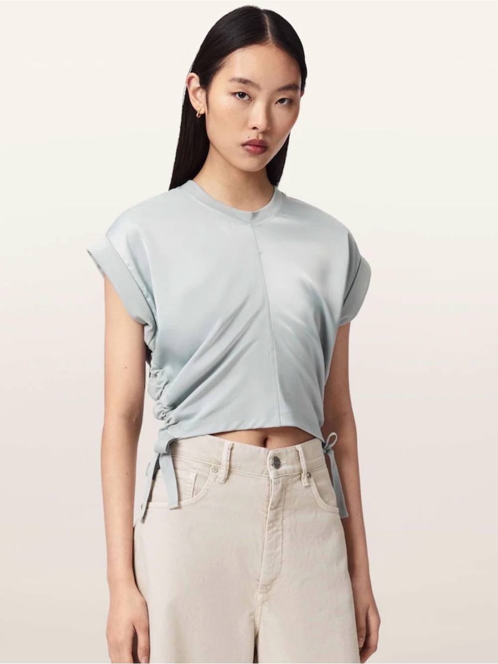 AllSaints Blue Mira Cropped Satin Drawcord T-Shirt size S